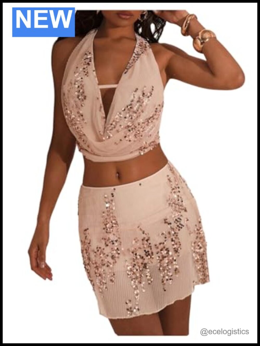 Sequin 2 Piece Skirt Set Sleeveless Tie Back Glitter Party Outfit